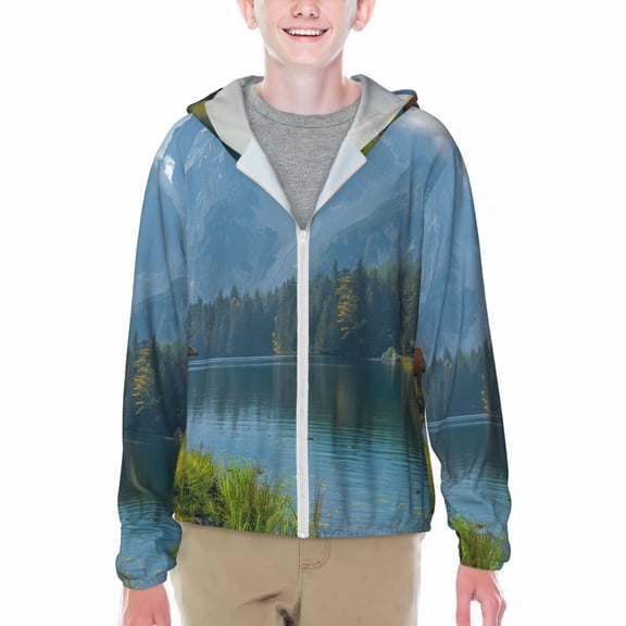 Xecao Majestic Deer Mountain Lake Print Fishing Shirts for teenager Long Sleeve UV Sun Protection Hoodie with Zipper Outdoor Hiking Shirts-Medium