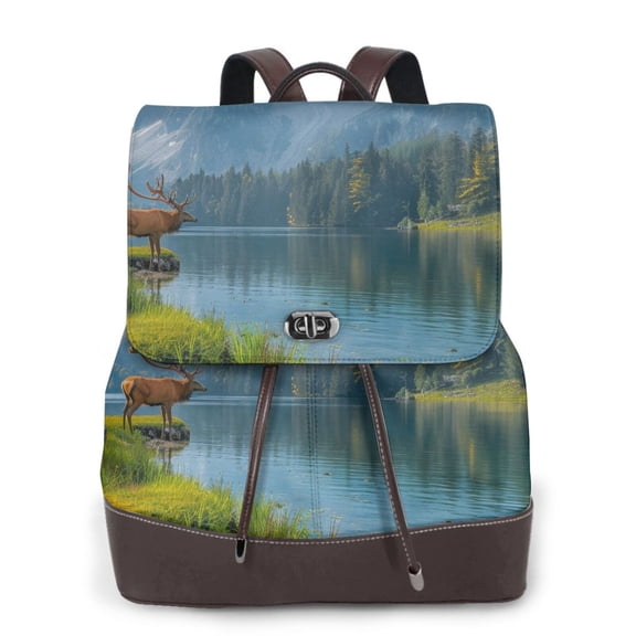 Xecao Majestic Deer Mountain Lake Print Large Backpack Soft Leather for Women Travel with Compartment, Adjustable Convertible Strap