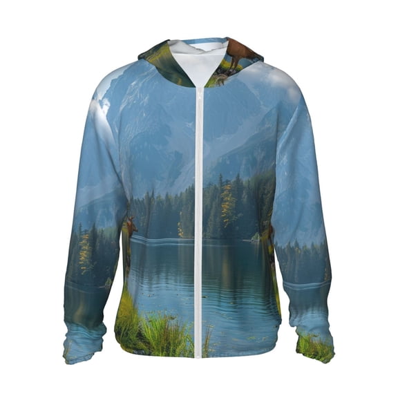 Xecao Majestic Deer Mountain Lake for Sun Shirt-A lightweight, Hoodie-Style Long-Sleeve UV Protection Garment Designed for Other Outdoor Activities. -3X-Large