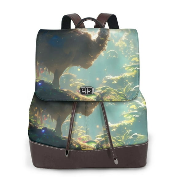 Xecao Majestic Ostrich In Forest Print Large Backpack Soft Leather for Women Travel with Compartment, Adjustable Convertible Strap