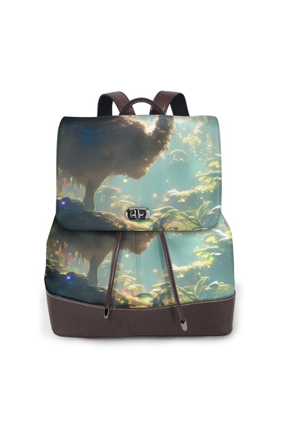 Majestic Ostrich In Forest Print Large Backpack Soft Leather for Women Travel with Compartment, Adjustable Convertible Strap