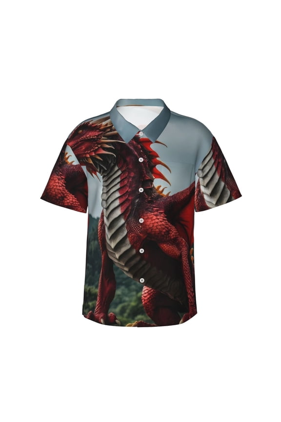 Majestic Red Dragon Print Hawaiian shirt - A Stylish Short-Sleeve Button-Down for Men, Perfect for Casual Beach and Tropical Outings.,Large