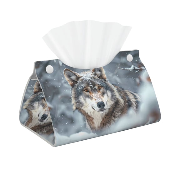 Xecao Majestic Snowy Wolf Print Tissue Box Cover,Modern PVC Leather Square Tissue Box Holder for Creative Decorative