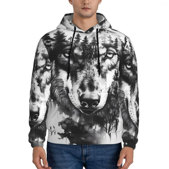 Xecao Majestic Wolf Landscape Pattern Men's Adult Pullover Hoodie,Hooded Sweatshirt-Large