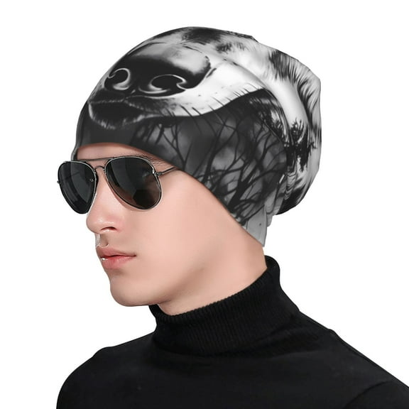 Xecao Majestic Wolf Landscape Print Beanie Knitted Hat for Men Women, Winter Fashion Knit Cuffed Caps Unisex