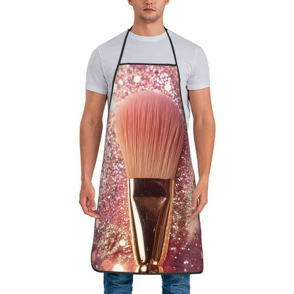 Xecao Makeup Brush on Pink Glitter Print Funny BBQ Chef Aprons for Men Women,Adjustable Kitchen Cooking Aprons with Pocket Waterproof Oil Proof No Pilling Fading