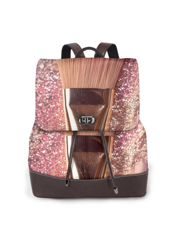 Makeup Brush on Pink Glitter Print Large Backpack Soft Leather for Women Travel with Compartment, Adjustable Convertible Strap