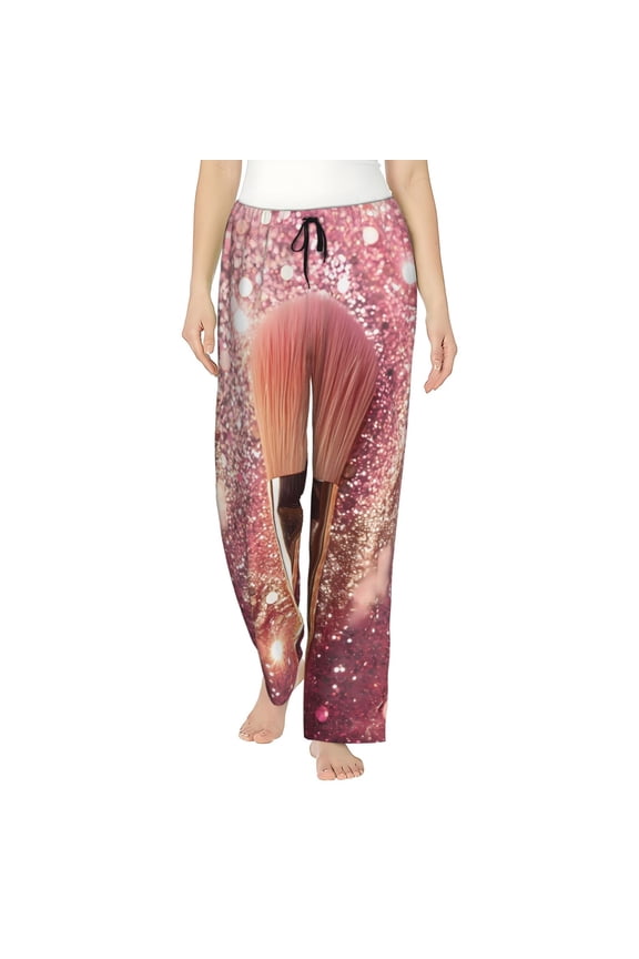 Makeup Brush on Pink Glitter Print Women's Straight Lounge Pajama Pants,The Epitome of Relaxed Sleepwear-Large