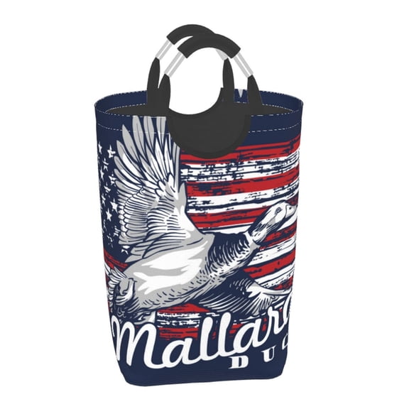 Xecao Mallard Duck With American Flag for Laundry Basket,Collapsible Large Laundry Hamper,Wash Bag for Laundry Room, Rolling Laundry Basket with Handles