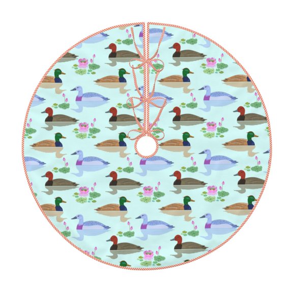 Xecao Mallard Duck Of Lotus Flowers Pattern Christmas Tree Skirt Round Xmas Tree Mat Base Cover for Holiday Home Decorations-48"