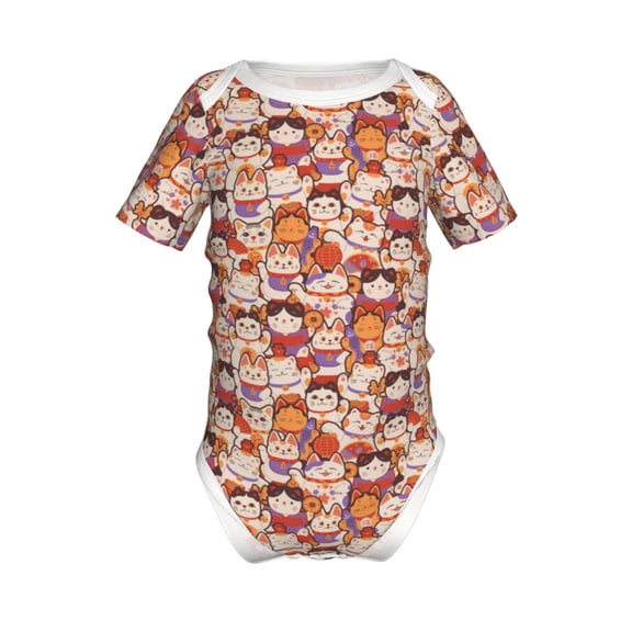 Xecao Maneki-Neko Cats Pattern Baby Climbing Bodysuit Short Sleeve Onesie Unisex 0-12 Months Baby Shirt Newborn Outfits Crotch snap design-6 Months