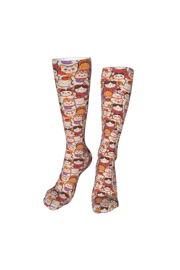 Maneki-Neko Cats Print Calf Socks Seamless Toe, Knee High Long Socks, Sports Socks Trouser Socks for Women and Men-One Size