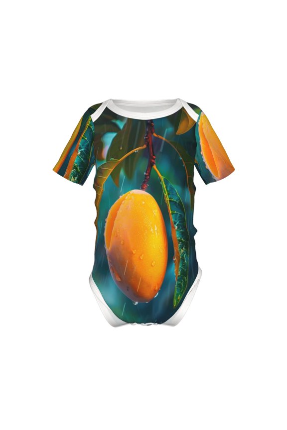 Mango In The Rain Pattern Baby Climbing Bodysuit Short Sleeve Onesie Unisex 0-12 Months Baby Shirt Newborn Outfits Crotch snap design-