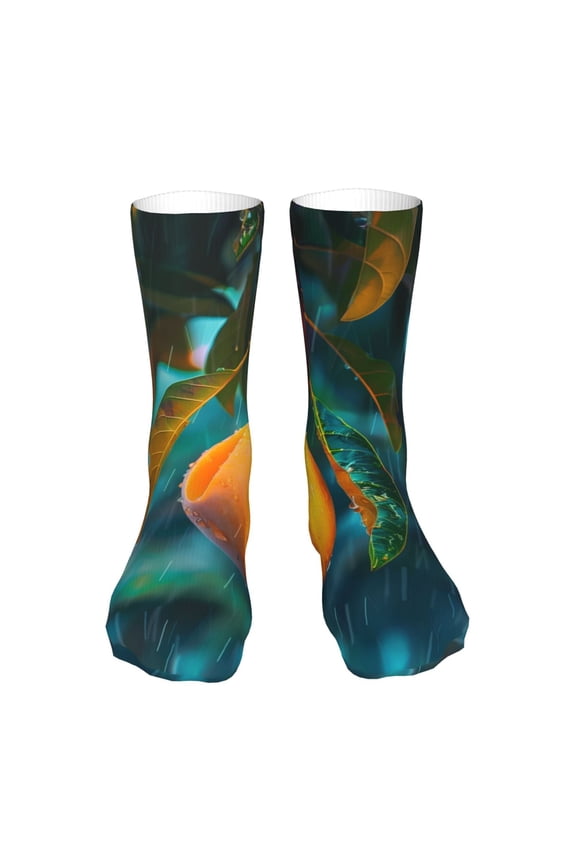 Mango In The Rain Print Fashion No Heel Casual Crew Socks Cushioned Breathable for Men Women - Moisture wicking,Not easy to fade Suitable for daily