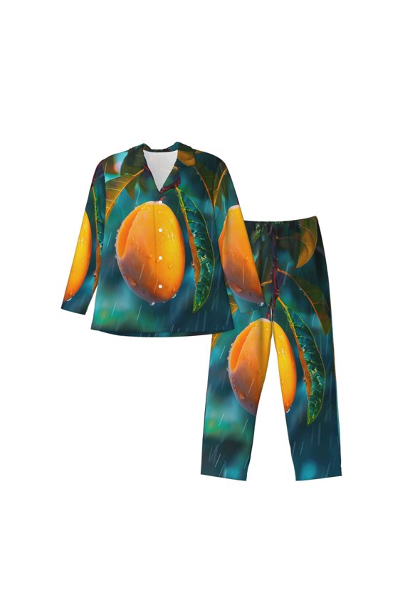 Mango In The Rain Print Pajamas Set Mens Pajamas Long Sleeve Loungewear Two-Piece Sleepwear Button-Down Pjs Set,2PJS-Large