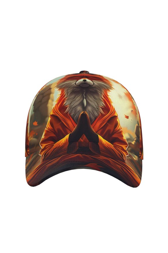 Maple Leaf Meditating Fox for Baseball Cap: Unisex, crafted from classic polyester twill fabric, featuring a soft unconstructed design