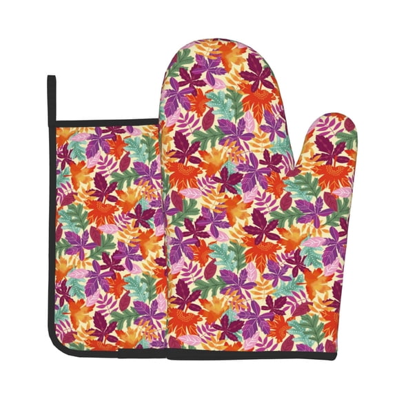 Xecao Maple Leaves Pattern Oven Mitts and Pot Holders Sets Heat Resistant Silicone Oven Mittens Extra Thicken Long Kitchen Cotton Oven Glove for Cooking
