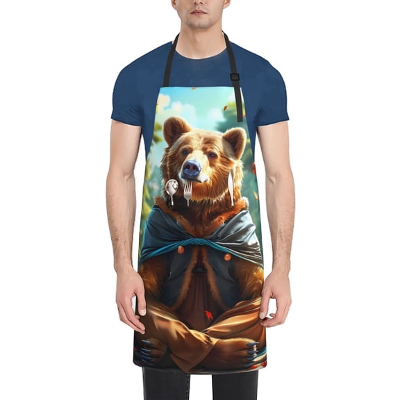 Xecao Maple Meditating Bear Print Kitchen Cooking Aprons, Waterproof Adjustable Bib Aprons with 2 Pockets for Women Men Chef