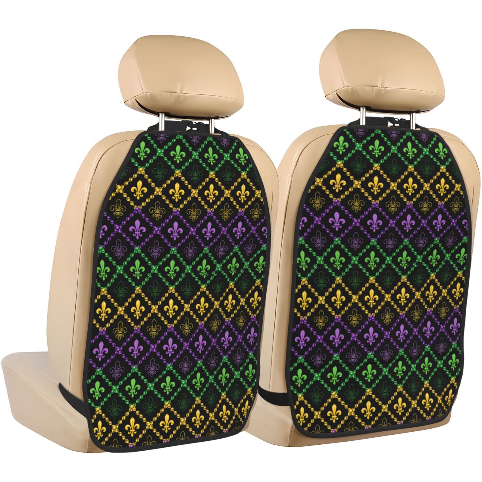Xecao Mardi Gra Geometric Pattern Car Seat Back Protector 2 Pack Large Capacity Pocket, Kick Mats Back Seat Protector