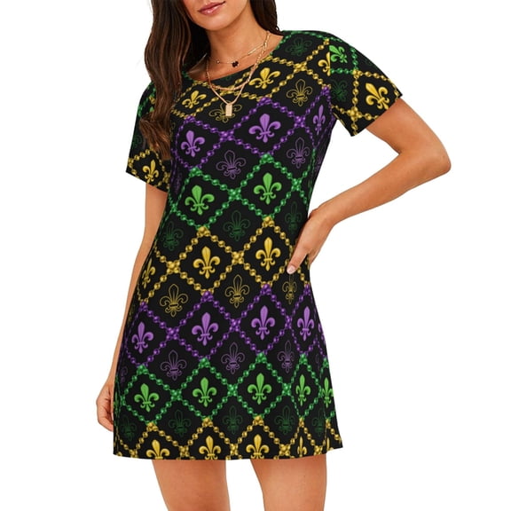 Xecao Mardi Gra Geometric for Women's Loose Nightgown Sleepwear Short Sleeves Shirt Casual Print Sleepdress