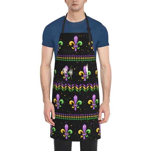 Xecao Mardi Gras Fleur de Lis Print Kitchen Cooking Aprons, Waterproof Adjustable Bib Aprons with 2 Pockets for Women Men Chef