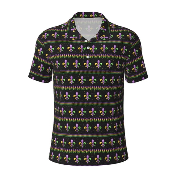 Xecao Mardi Gras Fleur de Lis for Mens' Casual Short Sleeve Button-Down Polo Shirts for a Classic Golf Look