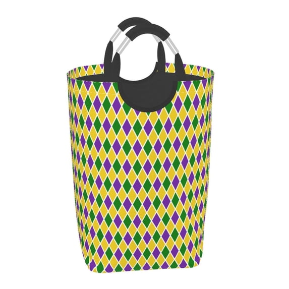 Xecao Mardi Gras Purple Yellow Plaid for Laundry Basket,Collapsible Large Laundry Hamper,Wash Bag for Laundry Room, Rolling Laundry Basket with Handles