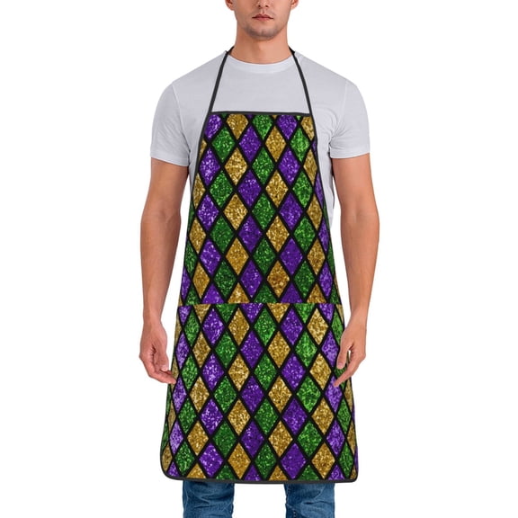 Xecao Mardi Gras Shiny Green Purple Print Funny BBQ Chef Aprons for Men Women,Adjustable Kitchen Cooking Aprons with Pocket Waterproof Oil Proof No Pilling Fading