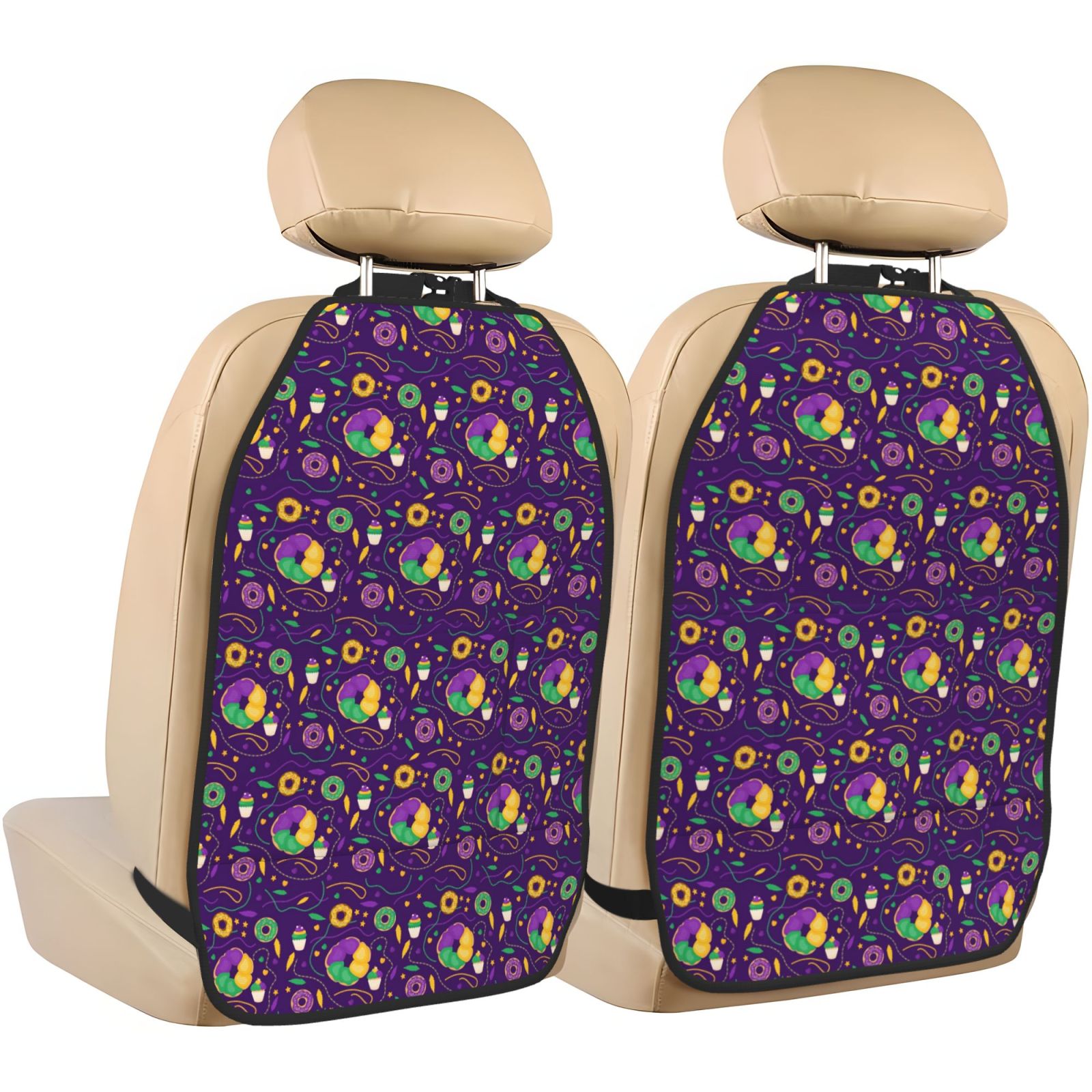 Xecao Mardi Gras and Donuts Pattern Car Seat Back Protector 2 Pack Large Capacity Pocket, Kick Mats Back Seat Protector