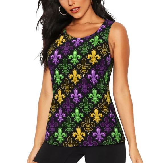Xecao Mardi Gras1 print women's scoop neck, loose-fit workout tank tops for the gym.
