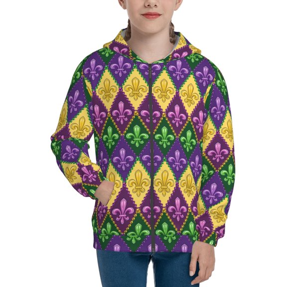 Xecao Mardi Gras4 Pattern Zip Up Hoodies for Boys Girls, Sweatshirt with Pockets-Medium