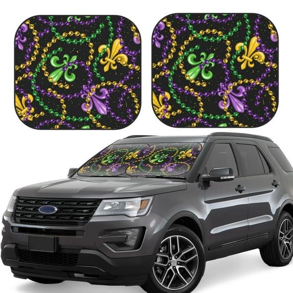 Xecao Mardi Gras6 for Foldable Car Sun Shades (2-Pack) offer sun protection with an easy-fold design for convenient windshield shading.
