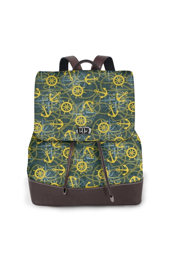 Marine Anchors And Compass Print Large Backpack Soft Leather for Women Travel with Compartment, Adjustable Convertible Strap