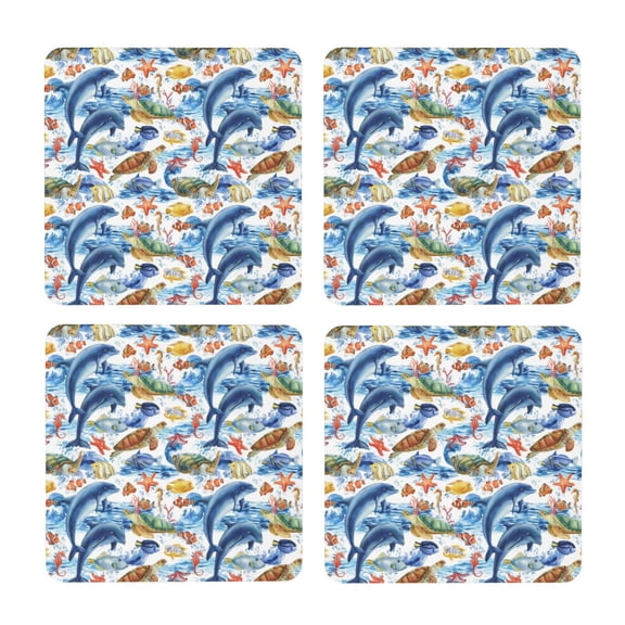 Xecao Marine Animals for MDF Cork Coaster 4 Pcs,Drink Coasters,Suit for House Warming Gifts New Home ,Coffee Table Decor-Square