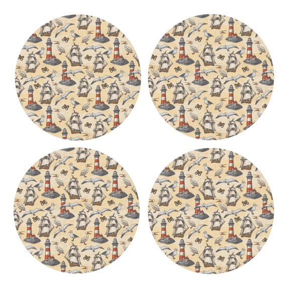 Xecao Marine Birds And Coastal Lighthouse for MDF Cork Coaster 4 Pcs,Drink Coasters,Suit for House Warming Gifts New Home ,Coffee Table Decor-Round Shape