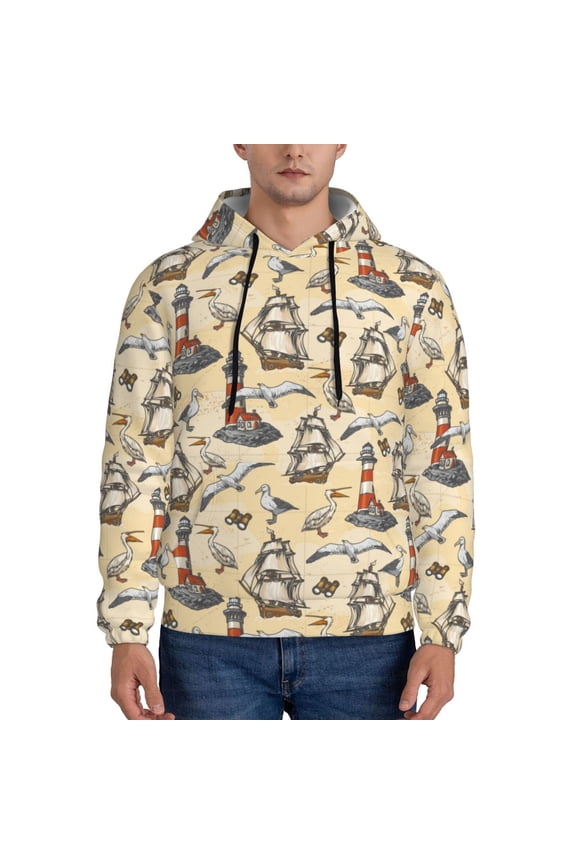 Marine Birds And Coastal Lighthouse Pattern Men's Adult Pullover Hoodie,Hooded Sweatshirt-XX-Large