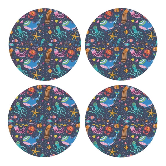 Xecao Marine Inhabitants for MDF Cork Coaster 4 Pcs,Drink Coasters,Suit for House Warming Gifts New Home ,Coffee Table Decor-Round Shape
