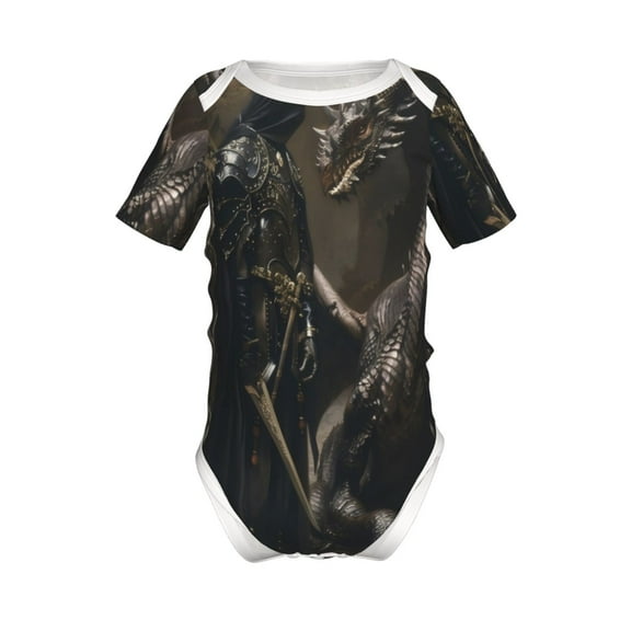Xecao Medieval Knight And Dragon Pattern Baby Climbing Bodysuit Short Sleeve Onesie Unisex 0-12 Months Baby Shirt Newborn Outfits Crotch snap design-