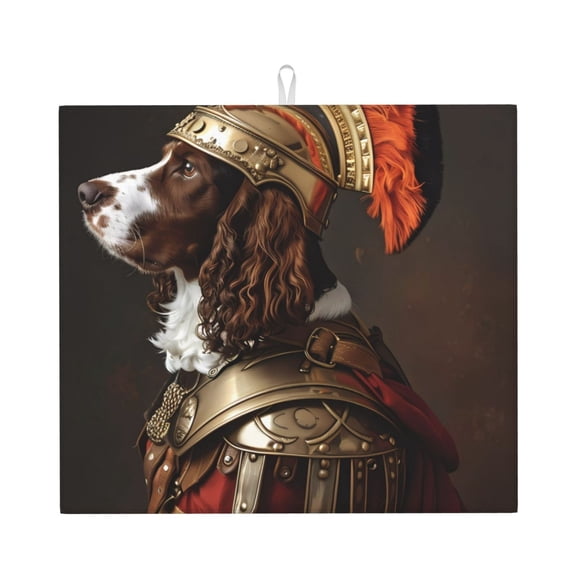 Xecao Medieval Knight Dog Print Dish Drying Mat for Kitchen Counter,Absorbent Coffee Bar Mat, Dish Drainer Rack Mats,Dining Room Decoration