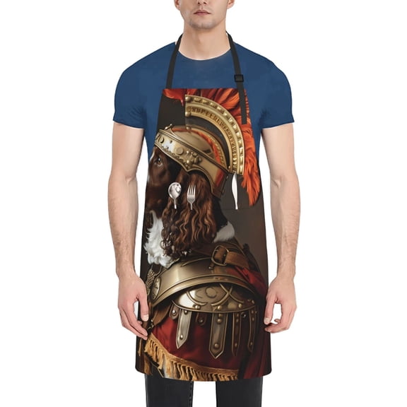 Xecao Medieval Knight Dog Print Kitchen Cooking Aprons, Waterproof Adjustable Bib Aprons with 2 Pockets for Women Men Chef