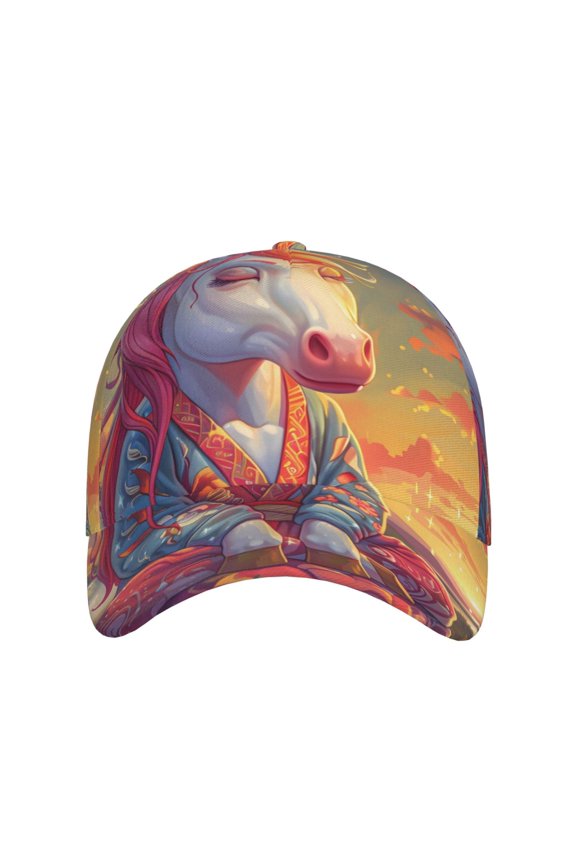 Meditating Cute Horse for Baseball Cap: Unisex, crafted from classic polyester twill fabric, featuring a soft unconstructed design