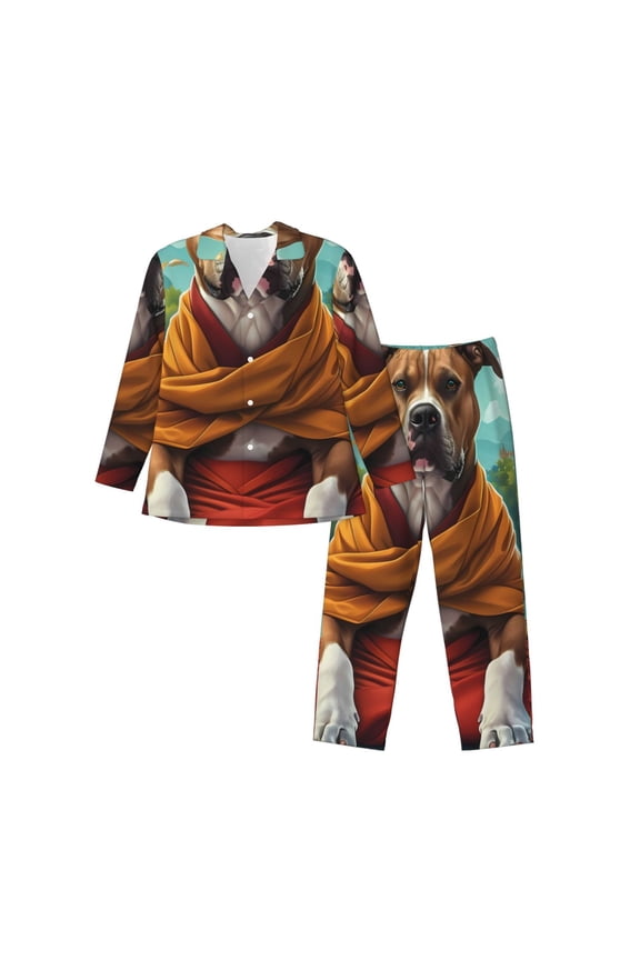 Meditating French Bulldog Print Pajamas Set Mens Pajamas Long Sleeve Loungewear Two-Piece Sleepwear Button-Down Pjs Set,2PJS-X-Large