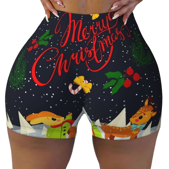 Xecao Merry Christmas Elk Print Workout Shorts for Women Soft Smooth Gym Yoga Scrunch Active Tennis Workout Running Shorts