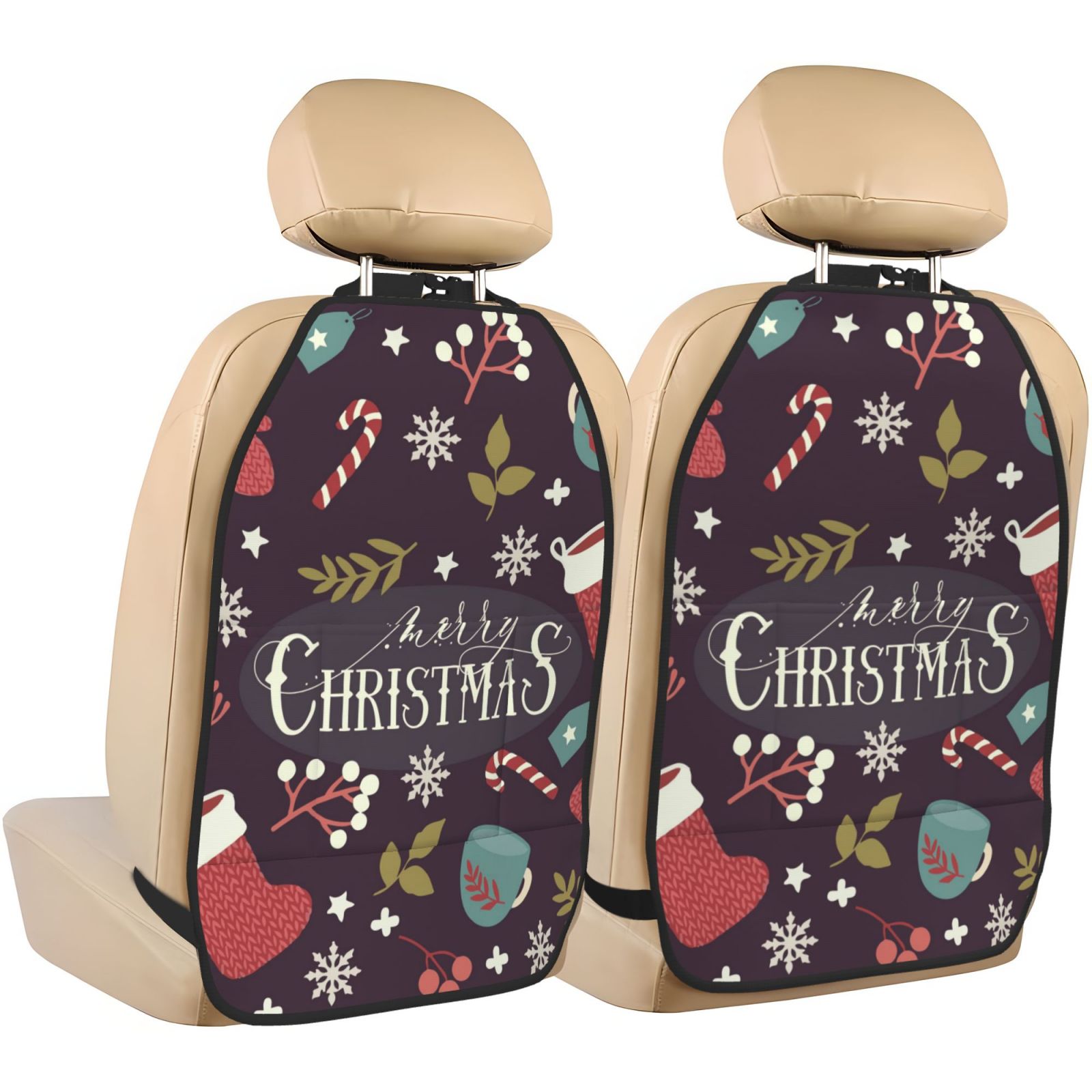 Xecao Merry Christmas Pattern Car Seat Back Protector 2 Pack Large Capacity Pocket, Kick Mats Back Seat Protector