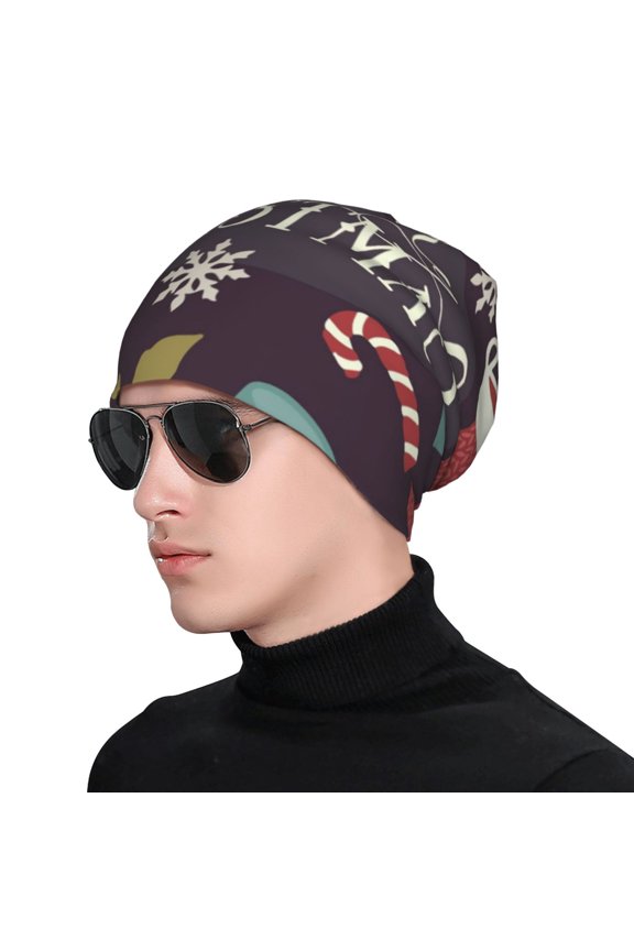 Merry Christmas Print Beanie Knitted Hat for Men Women, Winter Fashion Knit Cuffed Caps Unisex