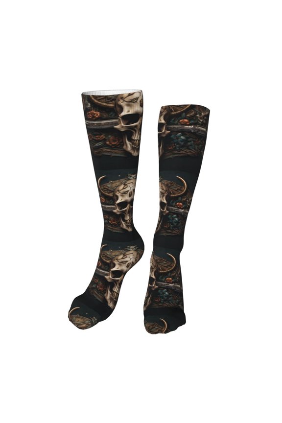 Metal Style Horned Skull Print Calf Socks Seamless Toe, Knee High Long Socks, Sports Socks Trouser Socks for Women and Men-One Size