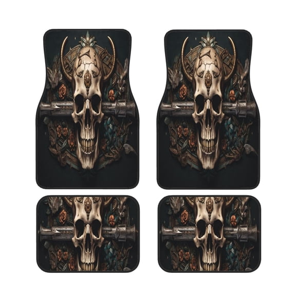 Xecao Metal Style Horned Skull Print Car Foot Mat Set of 4 Pieces Neoprene All-Weather Dust-Proof Stain-resistantCar Interior Decorative mats Non-Slip Mats