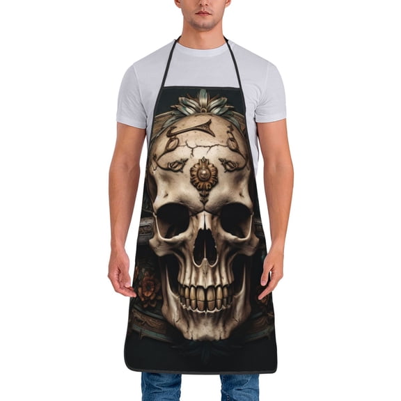 Xecao Metal Style Horned Skull Print Funny BBQ Chef Aprons for Men Women,Adjustable Kitchen Cooking Aprons with Pocket Waterproof Oil Proof No Pilling Fading
