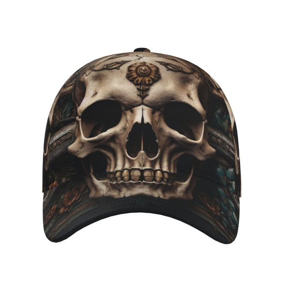 Xecao Metal Style Horned Skull for Baseball Cap: Unisex, crafted from classic polyester twill fabric, featuring a soft unconstructed design