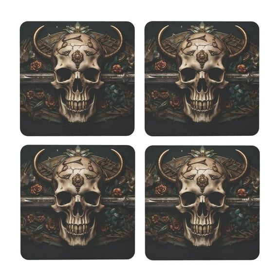 Xecao Metal Style Horned Skull for MDF Cork Coaster 4 Pcs,Drink Coasters,Suit for House Warming Gifts New Home ,Coffee Table Decor-Square